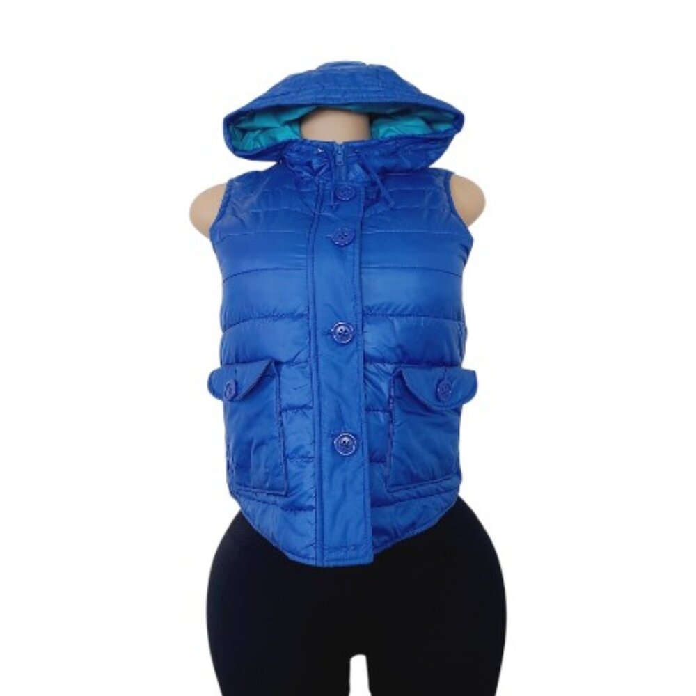 Papaya Women's Sea Blue Sleeveless Hooded Cargo Pocket Thermal‎ Puffer Vest Sz M